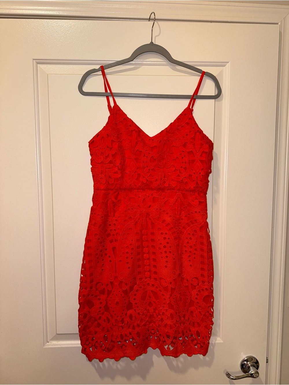 Lulu's Red/Orange Lace Mini Dress with Spaghetti Straps